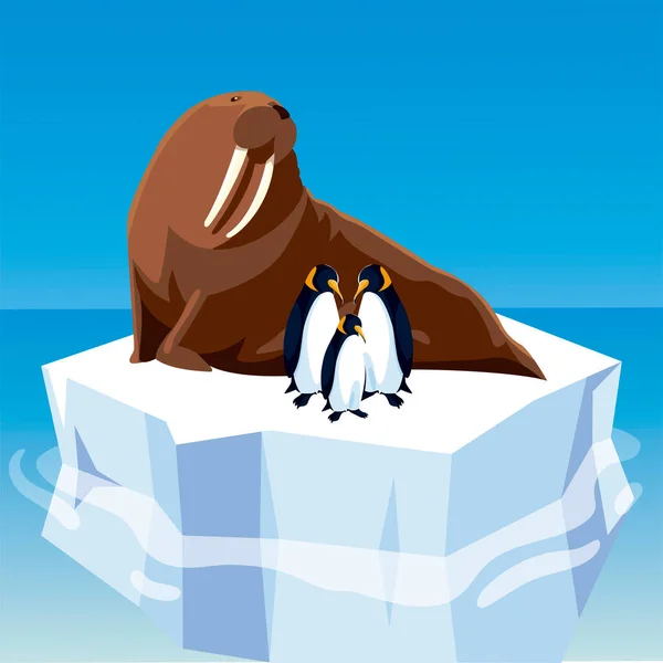 Morsas y pingüinos en iceberg derretido en el polo norte — Archivo Imágenes Vectoriales