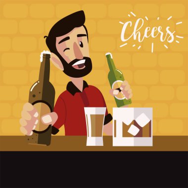 Çizgi film adamı bira şişeleri ve viski bardağı kutlaması, şerefe.