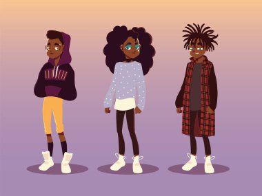 Afro-Amerikan erkek ve kız gençlik kültürü moda, vektör tasarımı