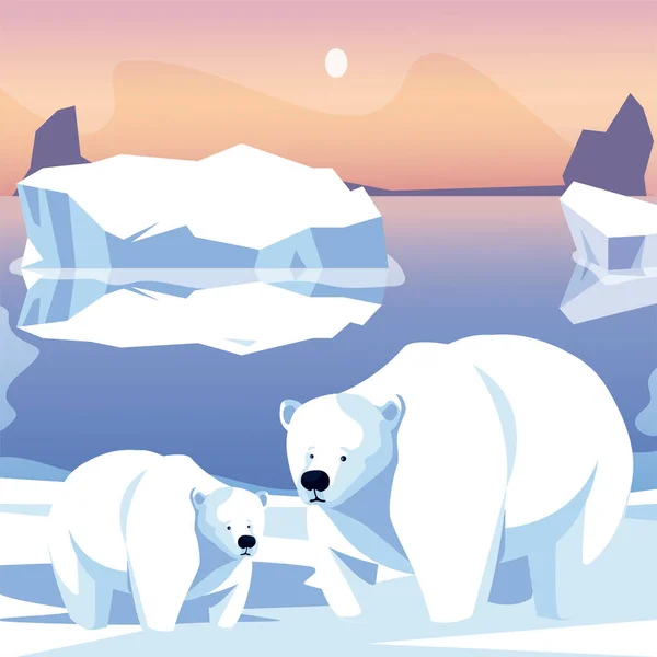 北極熊の家族が雪の氷山の北側で — ストックベクタ