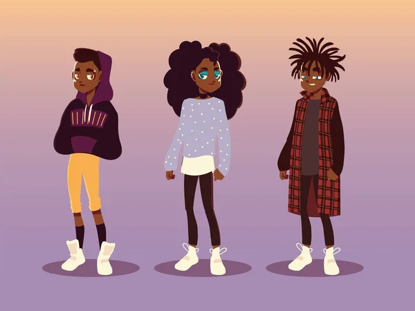 Afro американский мальчик и девочка молодежной культуры моды одежды, векторный дизайн — стоковый вектор