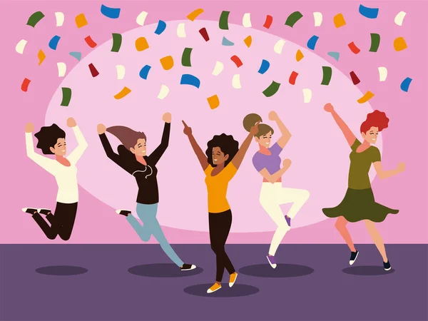 Vrolijk groep van vrouwelijke springen vieren confetti feestelijk — Stockvector