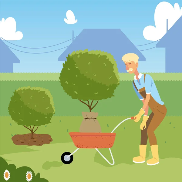Ogrodnictwo, stary ogrodnik z taczką i drzewem do sadzenia — Wektor stockowy
