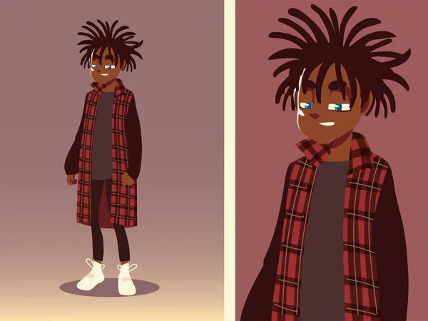 Menino com longas dreadlocks roupas da moda, cultura jovem, design vetorial —  Vetores de Stock