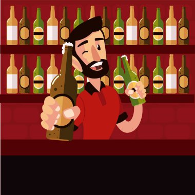 Tezgahta bira şişeleri tutan gülümseyen barmen.