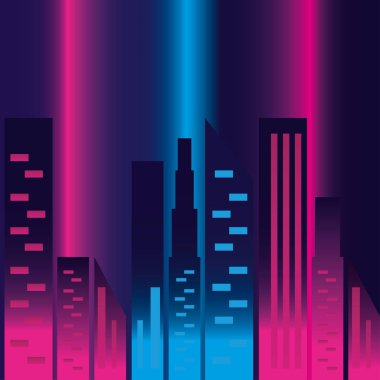 Neon pembe ve mavi şehir binaları vektör tasarımı