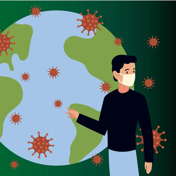 Covid 19 coronavirus, pria dengan topeng dan dunia peta krisis wabah - Stok Vektor