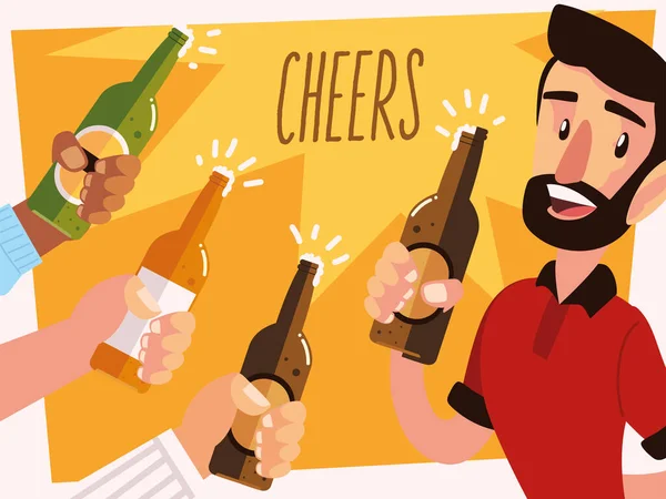 Άντρας με ποτήρι μπύρας και χέρια που ζητωκραυγάζουν με μπουκάλια — Διανυσματικό Αρχείο