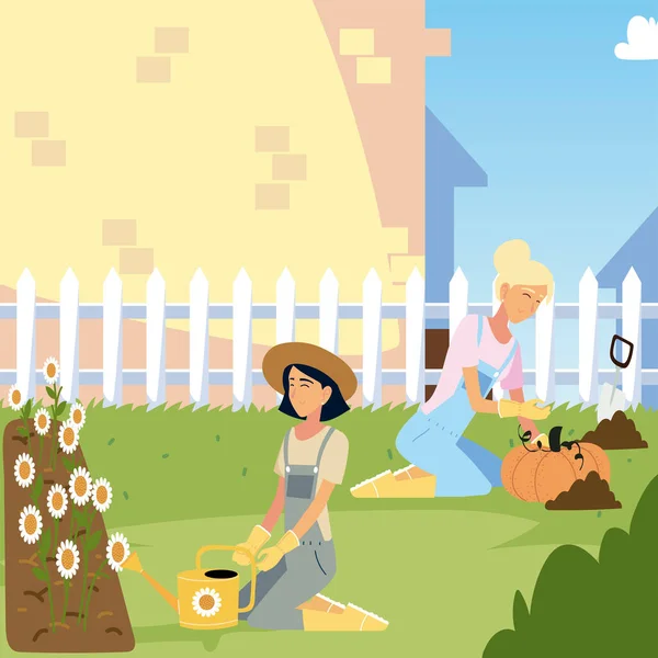 Jardinagem, mulheres com girassóis e abóbora colheita — Vetor de Stock