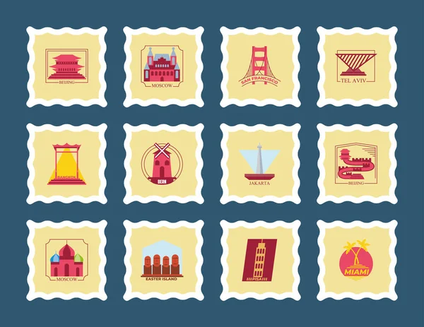 Wereld stad postzegels pictogram collectie vector ontwerp — Stockvector