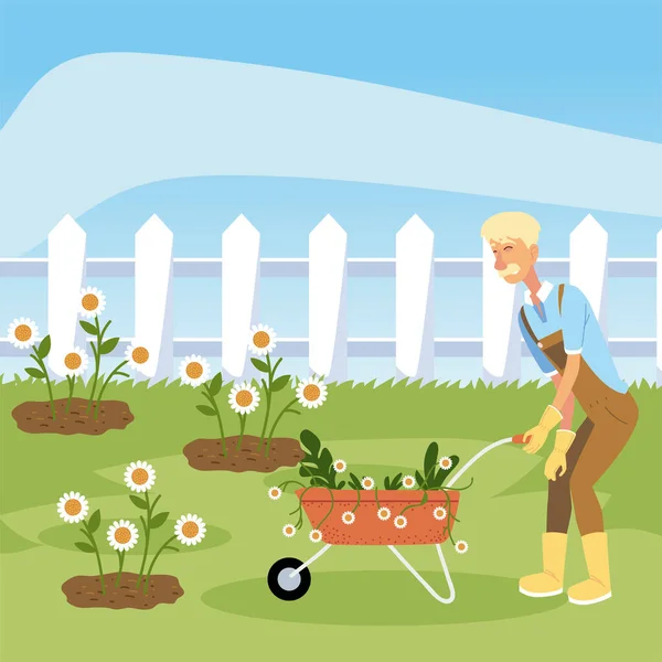 Jardinagem, jardineiro com carrinho de mão plantando flores — Vetor de Stock