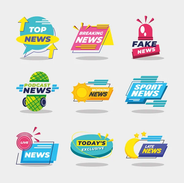 Noticias banners y etiquetas icono conjunto de diseño de vectores — Vector de stock