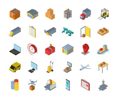 Teslimat ve lojistik izometrik ikon grup vektör tasarımı