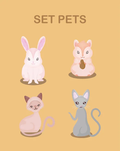 Huisdieren set pictogrammen, konijn hamster en katten dieren — Stockvector