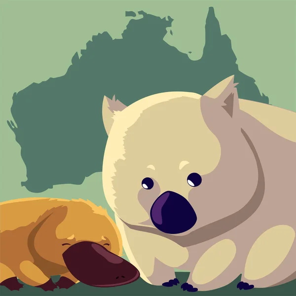 Wombat e platypus australian continente mappa fauna selvatica — Vettoriale Stock