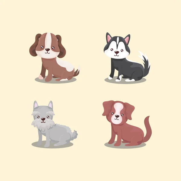 Pet set ícones, cães diferentes cachorros sentado animais — Vetor de Stock