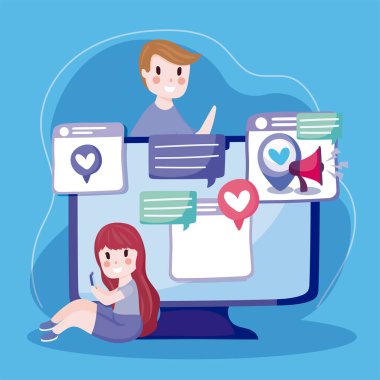 Akıllı telefon konuşmalı insanlar sevgi ve pazarlama sosyal medya karikatürü