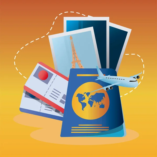 Tiket pesawat wisata paspor dan foto wisata liburan - Stok Vektor