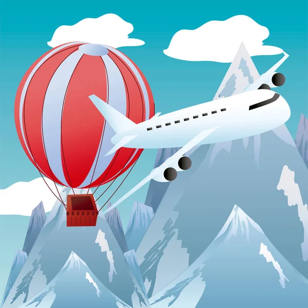 Utazás hegyek csúcsok repülőgép és hőlégballonok kaland turizmus — Stock Vector