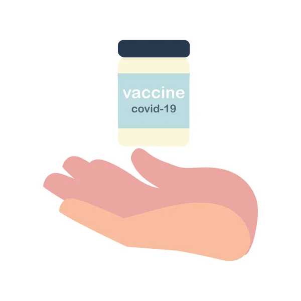 Hand mit Fläschchen Covid 19 Präventionsimpfung — Stockvektor