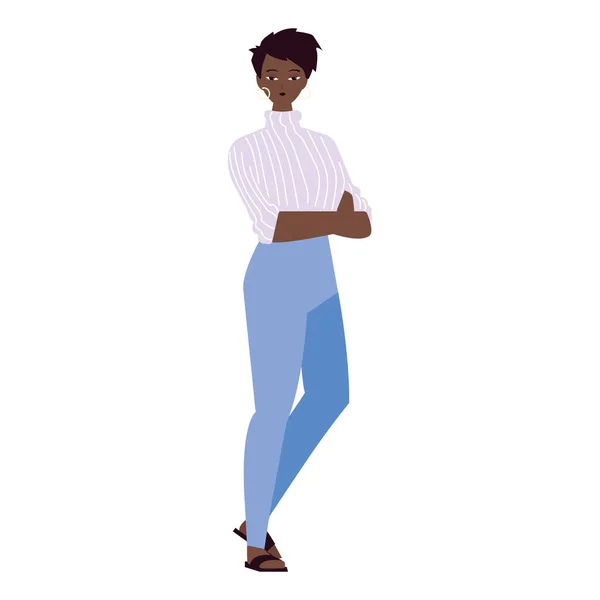 Mulher personagem em calças e blusa listrada no fundo branco — Vetor de Stock