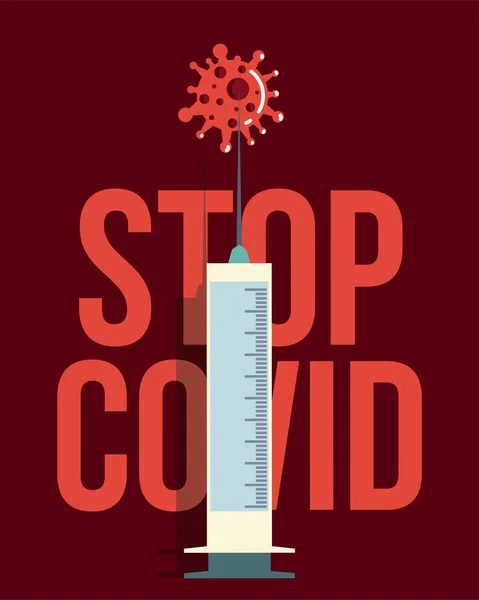 Vaccin covide 19 arrêter le coronavirus médicament et seringue — Image vectorielle