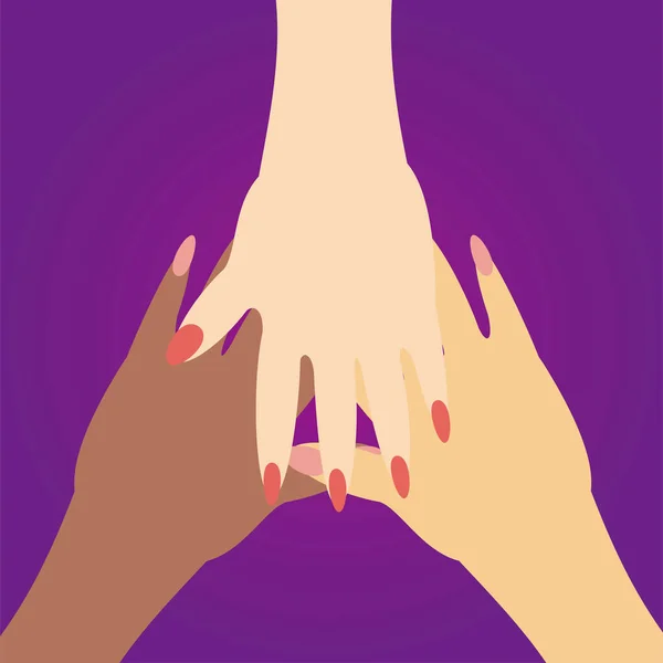 Ημέρα των γυναικών, διαφορετικά γυναικεία χέρια μαζί σε στυλ κινουμένων σχεδίων — Διανυσματικό Αρχείο