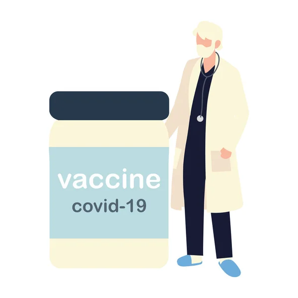 Senior-Arzt mit Fläschchen Covid 19 Impfstoff — Stockvektor