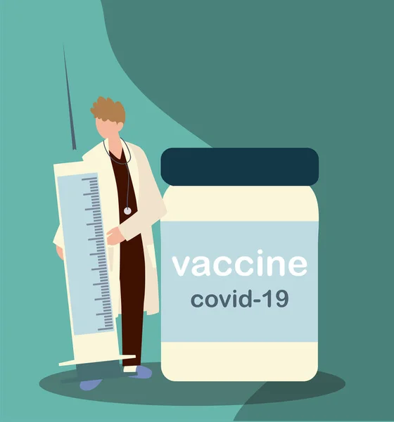 Vaccino covid 19 medico con siringa grande e medicinale in flaconcino — Vettoriale Stock