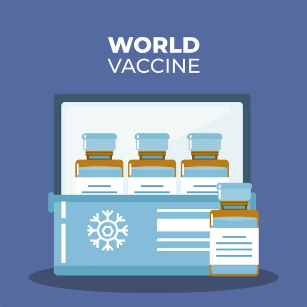 Impfstoff für covid 19 Ampullen im Kühlschrank für Impfkampagne — Stockvektor