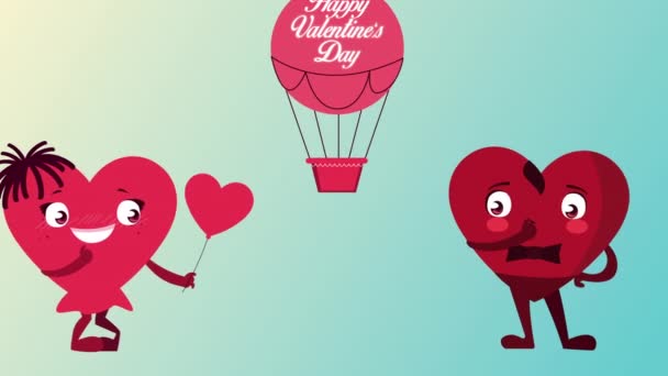 Happy valentines day lettering in balloon air hot with hearts couple character — Stock Video