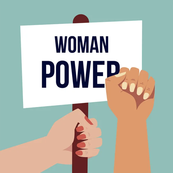 Dia das mulheres, mão com cartaz e braço levantado em estilo cartoon —  Vetores de Stock