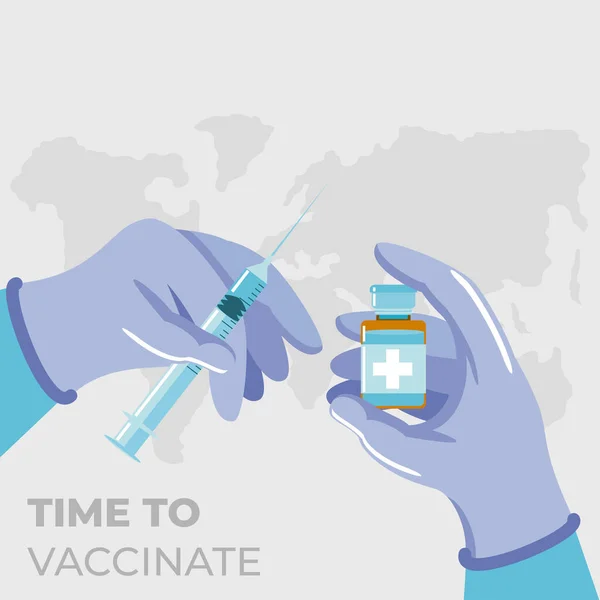 Ruce lékařské držení injekční stříkačky a injekční lahvičky očkování, léčba, světová vakcína — Stockový vektor