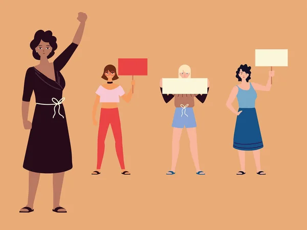 Ženy mocenská skupina samice s protestními plakáty — Stockový vektor