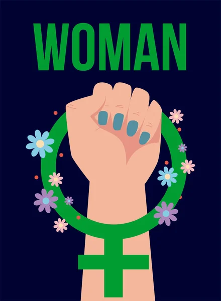 Wanita hari, perempuan mengangkat tangan bunga-bunga simbol gender - Stok Vektor