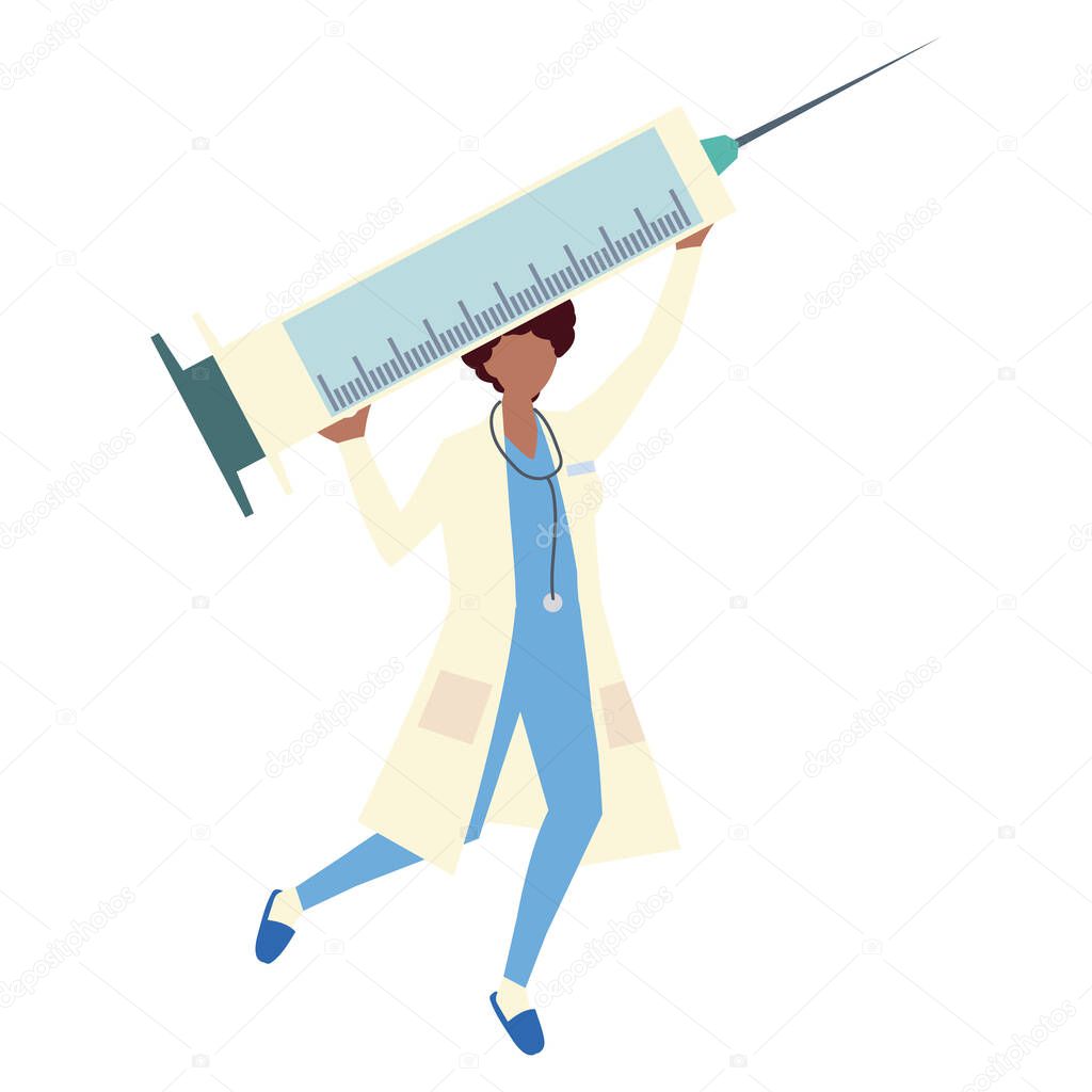 young female doctor with huge syringe medical vaccine