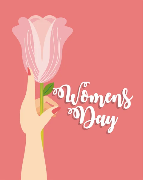 Kadınlar günü, karikatür tarzında çiçeklerle yükselen kadın eli. — Stok Vektör