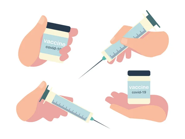Impfhelfer mit Fläschchen und Spritzen medizinische Impfkampagne — Stockvektor