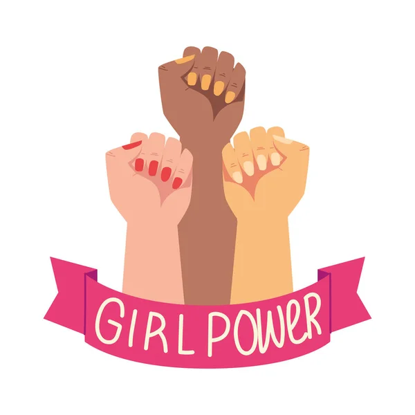Día de las mujeres, manos diversas arriba cinta de poder de la muchacha — Vector de stock