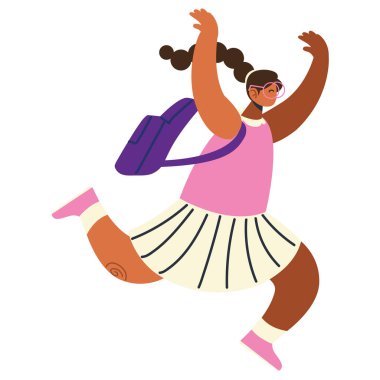 Okula dönüyorum, mutlu öğrenci çantasıyla koşuyor.