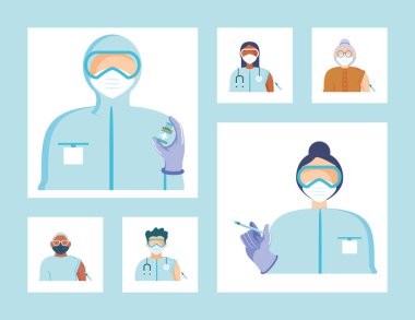 Dünya aşısı ikonları karakter yazarları, doktorlar hasta şırınga aşıları.