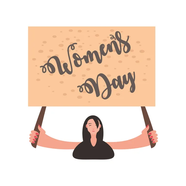 Femeie zi tânără deține pancartă cu litere în stil desene animate — Vector de stoc