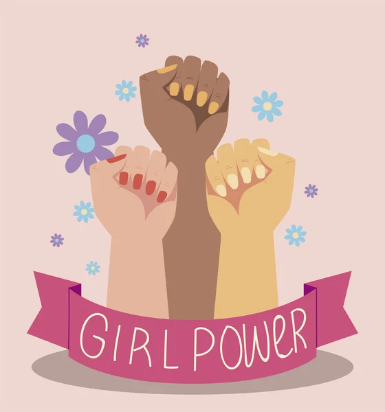 Wanita hari, perempuan mengangkat tangan gadis kekuatan kartu dekorasi bunga - Stok Vektor