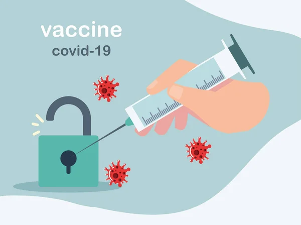 Hand hält Spritze Schutz Coronavirus covid 19 Impfstoff — Stockvektor