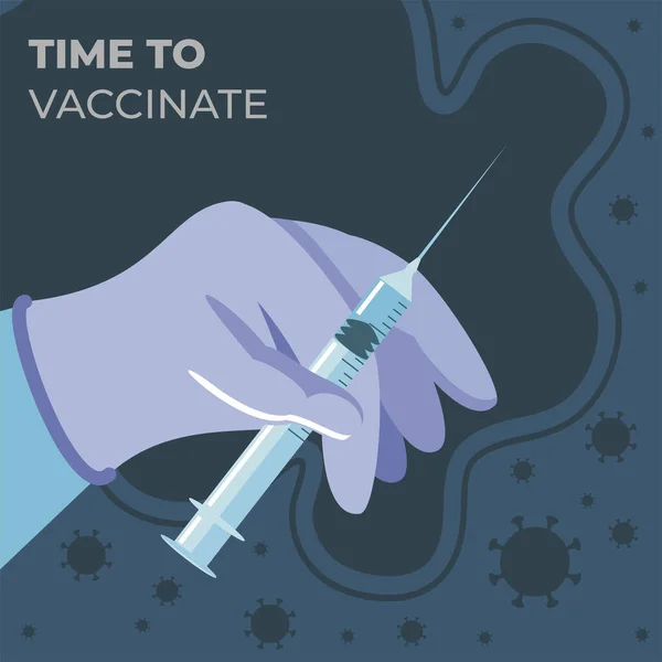Světová vakcína, ochrana rukou s injekční stříkačkou proti covid 19 — Stockový vektor