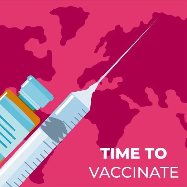 Медицинский шприц с иглой и флакончиком, мировая вакцина — стоковый вектор
