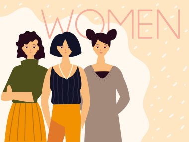 Kadınlar modern giysiler içinde genç bir kadını canlandırıyorlar.