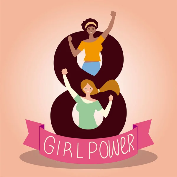 Día de las mujeres, niñas felices en 8 celebraciones de poder chica en estilo de dibujos animados — Vector de stock