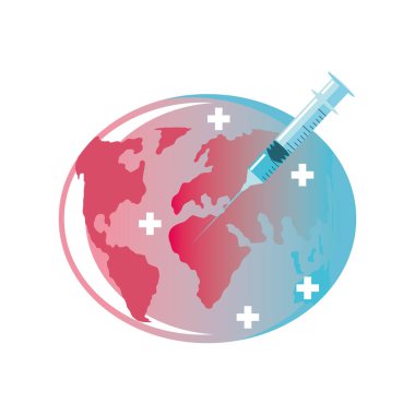 Gezegen üzerinde aşı ve iğne enjeksiyonu şırıngası, covid 19 'a karşı koruma