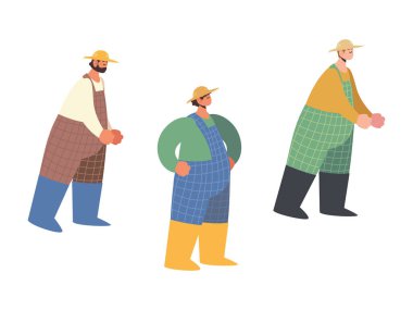 çiftlik ve tarım, çiftçi erkek karakterler tulumlu ve şapkalı